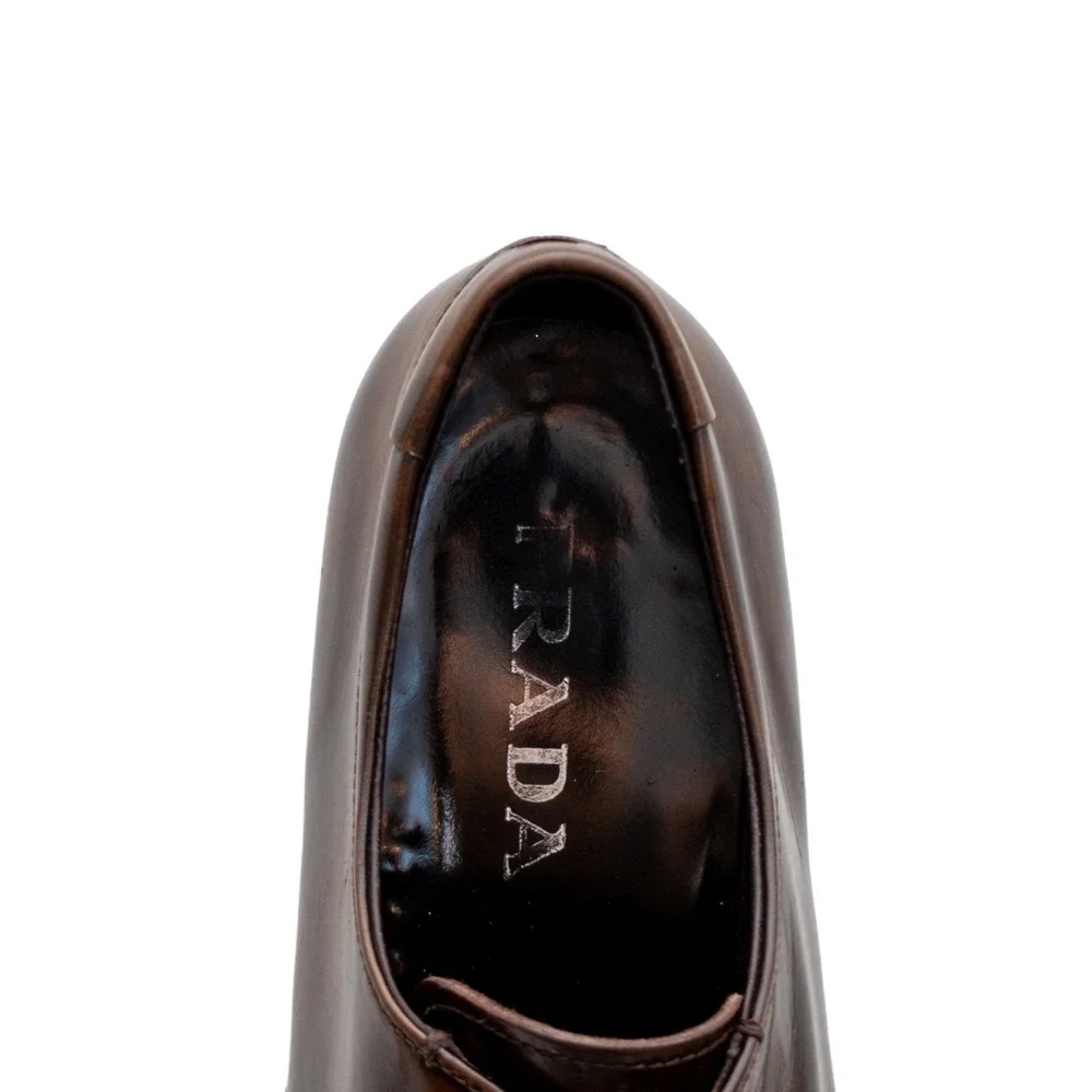 PRADA Brown Polished Leather Square Toe Derby Dress Shoes US 8 UK 7